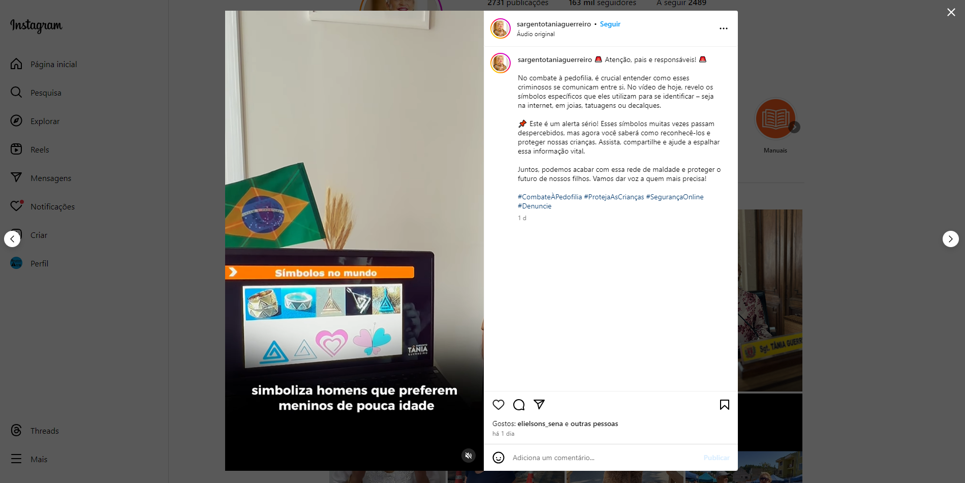 Deputada alerta sobre símbolos utilizados por pedófilos (Foto: Reprodução SGT. Tânia Guerreiro/Instagram)